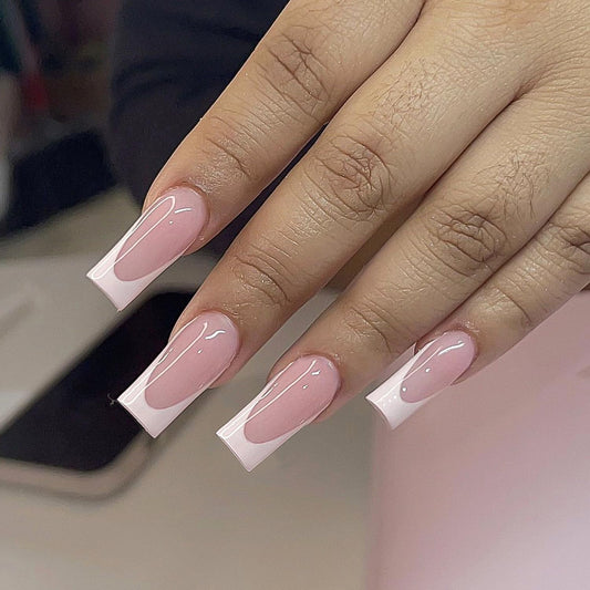 Press on Nails Medium Square Acrylic Nails French Tip Fake Nails Pink White False Nails Full Cover Artificial Glue on Nails Glossy Stick on Nails for Women Girls 24Pcs