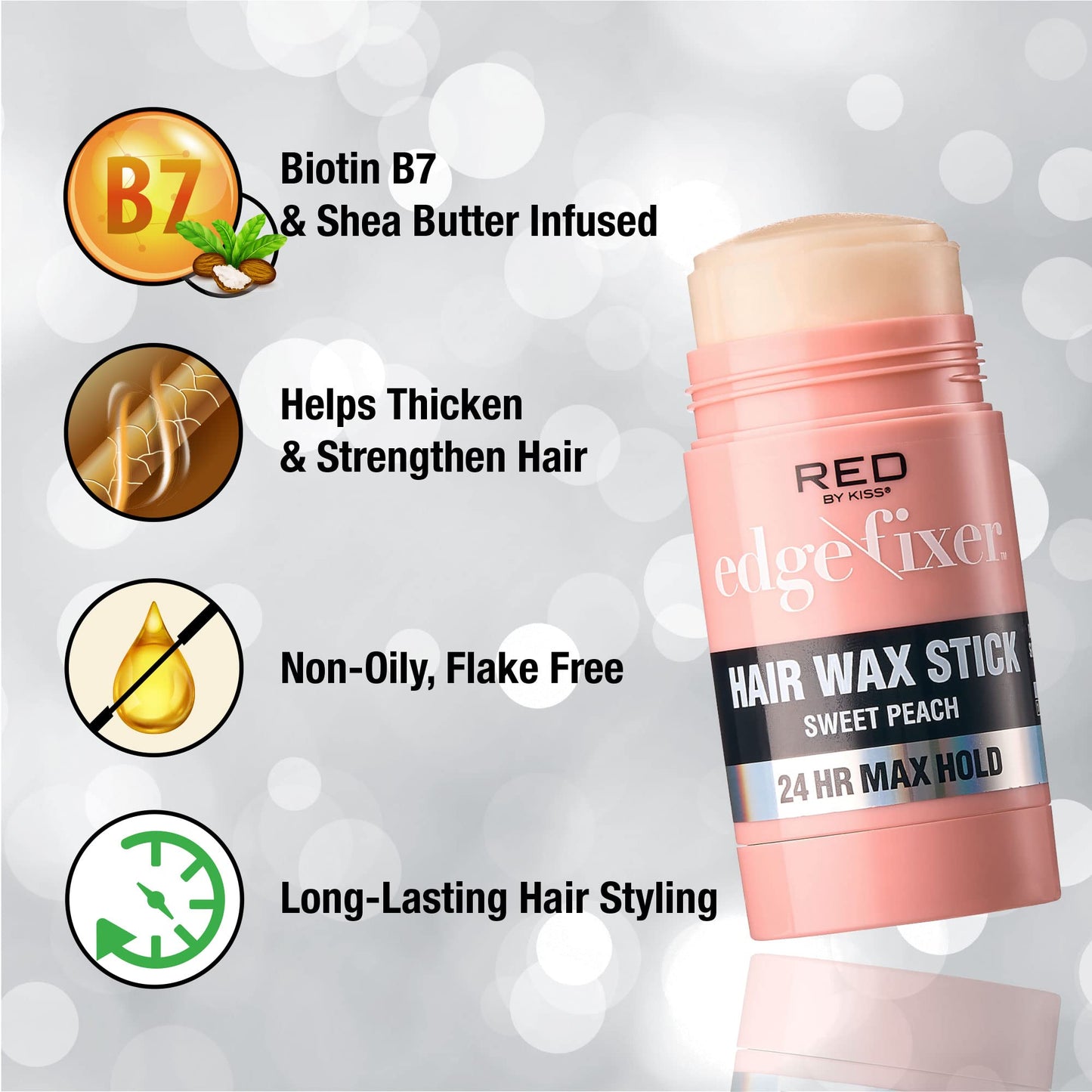 Red by Kiss Hair Wax Stick 24HR Max Hold Edge Fixer Edge Control Pomade Non-Sticky, Non-Oily Flake Free Hair Styling Wax (Sweet Peach)