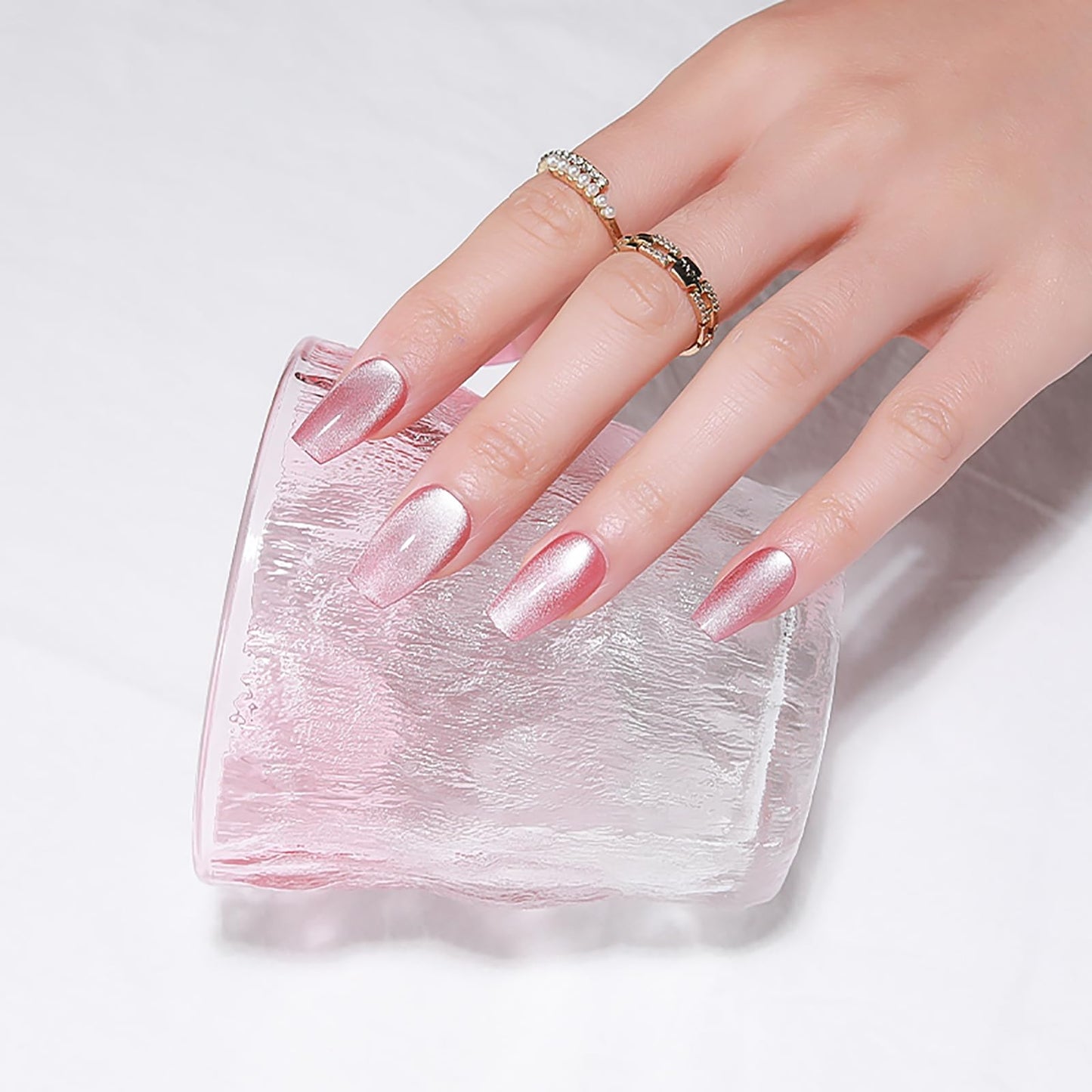 Handmade Press on Nails Medium Coffin False Nails Shiny Cat Eye Press on Nails Pink Fake Nails with Velvet & Gradient Designs Full Cover Glossy Acrylic Nails Stick on Nails for Women Girls 24Pcs