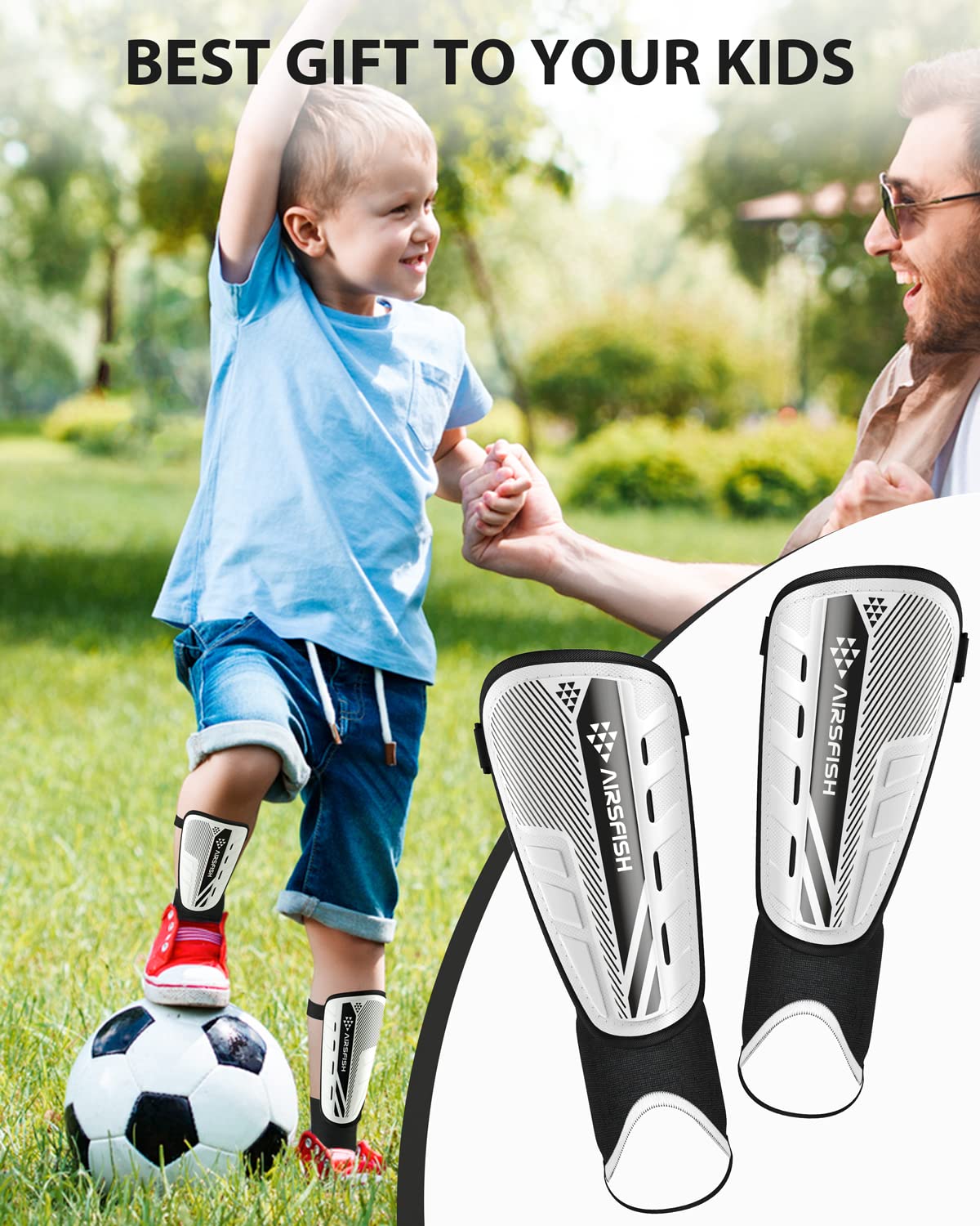 Upgraded Soccer Shin Guards for Kids Youth Adults, CE Certified AirsFish Shin Guard Sleeves Protection Gear for Boys Girls Soccer Games EVA Cushion Reduce Shocks and Injuries (X-Small, White+Black)