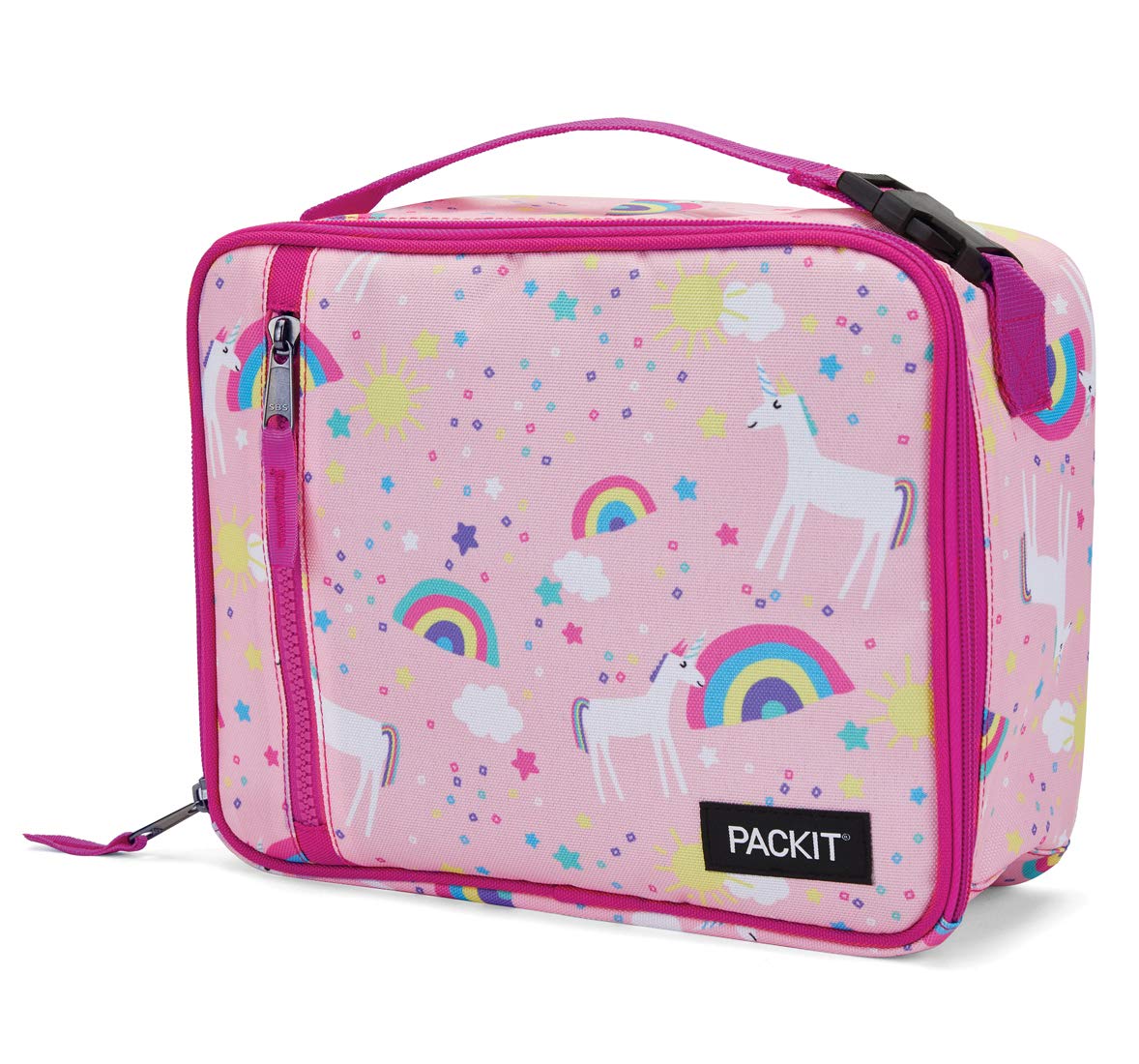 PackIt Freezable Classic Lunch Box, Unicorn Sky Pink, Built with EcoFreeze Technology, Collapsible, Reusable, Zip Closure With Zip Front Pocket and Buckle Handle, Perfect for School Lunches