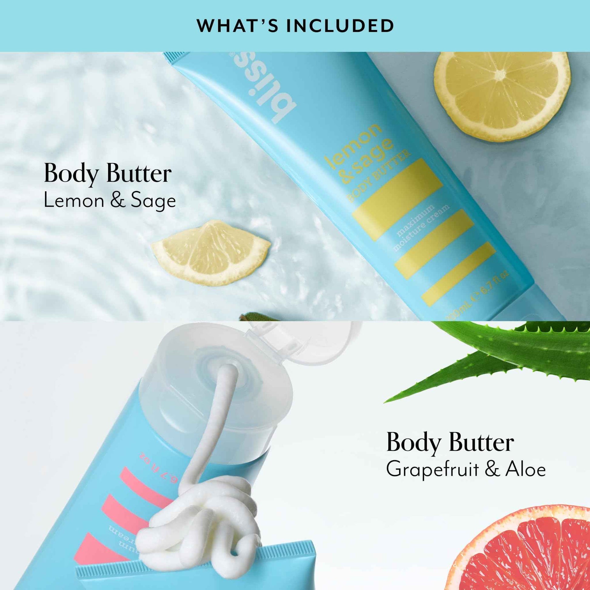 Bliss Body Butters Duo Lemon and Sage Body Butter and Grapefruit and Aloe - Maximum Moisture Cream - 6.7 Fl Oz Lotion for Dry Skin - Long-Lasting Moisturizer- Vegan and Cruelty-Free