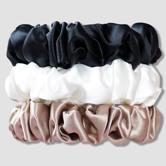 QIYUE 100% Mulberry Silk Scrunchies for Hair,3PCS 22 Momme Silk Hair Ties,Scrunchies for Women Girls，Hair Ties Ropes Ponytail Holder (Black,Light Gold,Lvory)