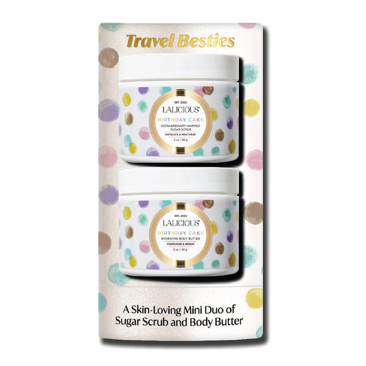 LALICIOUS Travel Besties Birthday Cake (Scrub Scrub 2oz & Body Butter 2oz)
