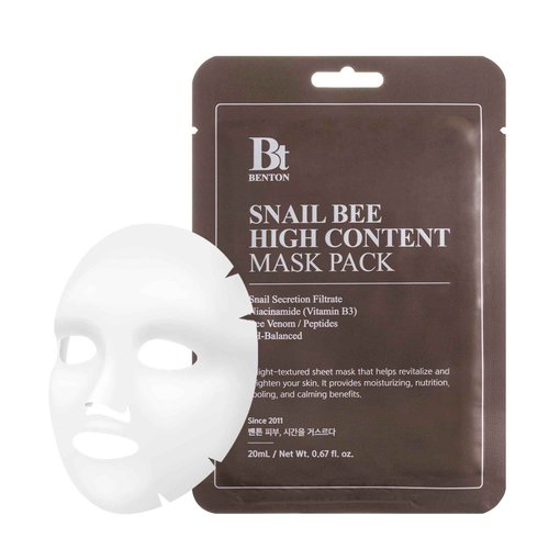 BENTON Snail Bee High Content Mask Pack (20g / 10 Sheets) - Snail Mucin Face Mask With Bee Venom | Korean Skin Care Face Mask Sheets For Moisturizing, Soothing and Nourishing