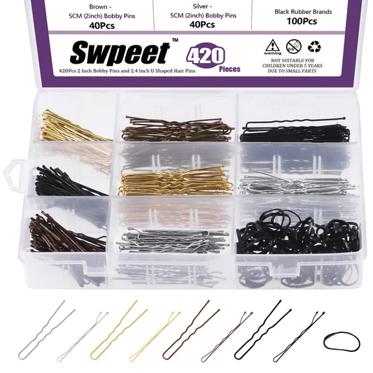 Swpeet 420Pcs 2 Styles 1.9Inch 2.4Inch Black/Gold/Brown/Silver Hair Pins Bobby Pins with Rubber Bands Kit, Including 160Pcs Bobby Pins and 160Pcs U Hair Pins Hair Clips for Girls and Women