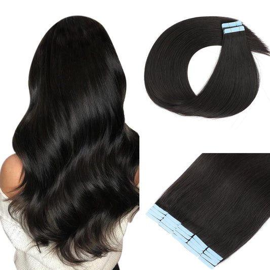 TOZOIE Tape in Hair Extensions Human Hair, Natural Black Hair Extensions Real Human Hair for Women Invisible Seamless Weft Human Hair Extensions Straight 50g 20pcs Daily Tape in Hair (18 Inch)