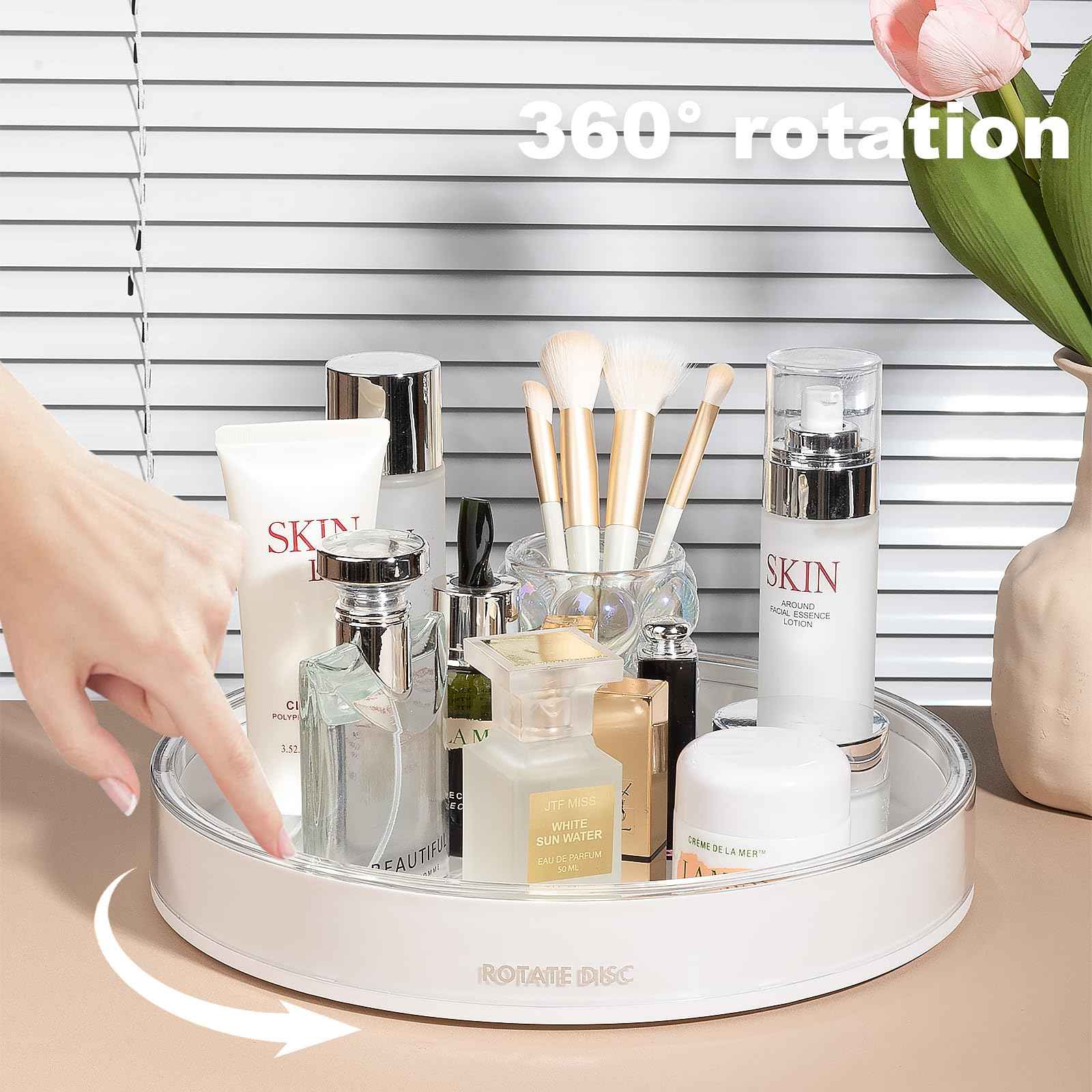Anyoifax 360 Rotating Makeup Organizer Perfume Tray Skincare Holder Spinning Cosmetic Storage Bathroom Countertop Organizer Lazy Susan Turntable for Dresser, Vanity, Kitchen, Large White