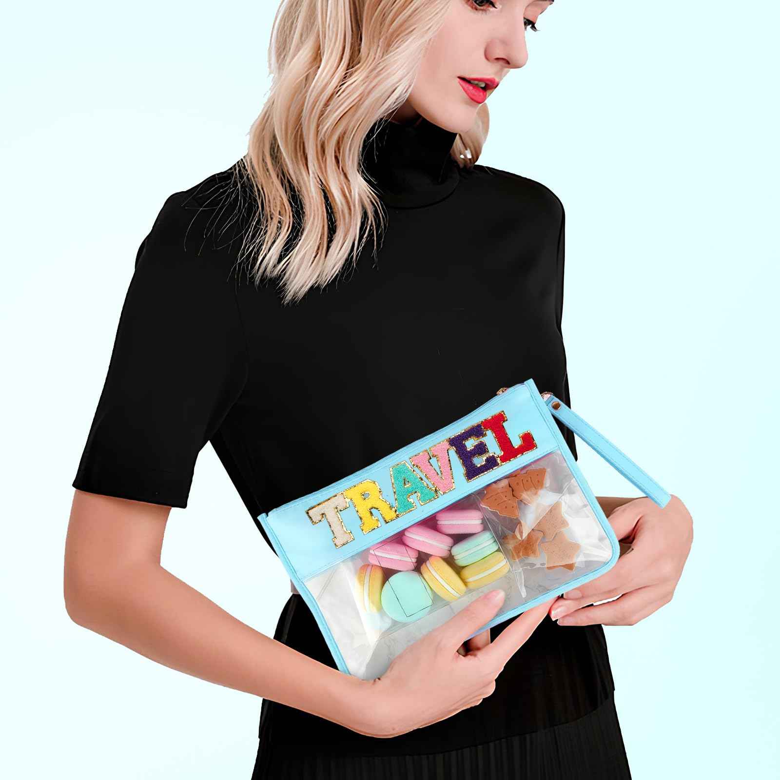 HANAMO Chenille Letter Clear Snack Bag for Tote Organizer, Chenille Letter Stuff Pouch Nylon Cosmetic Bag Zipper Pouches Clear Makeup Bags Travel Bags for Women Girls