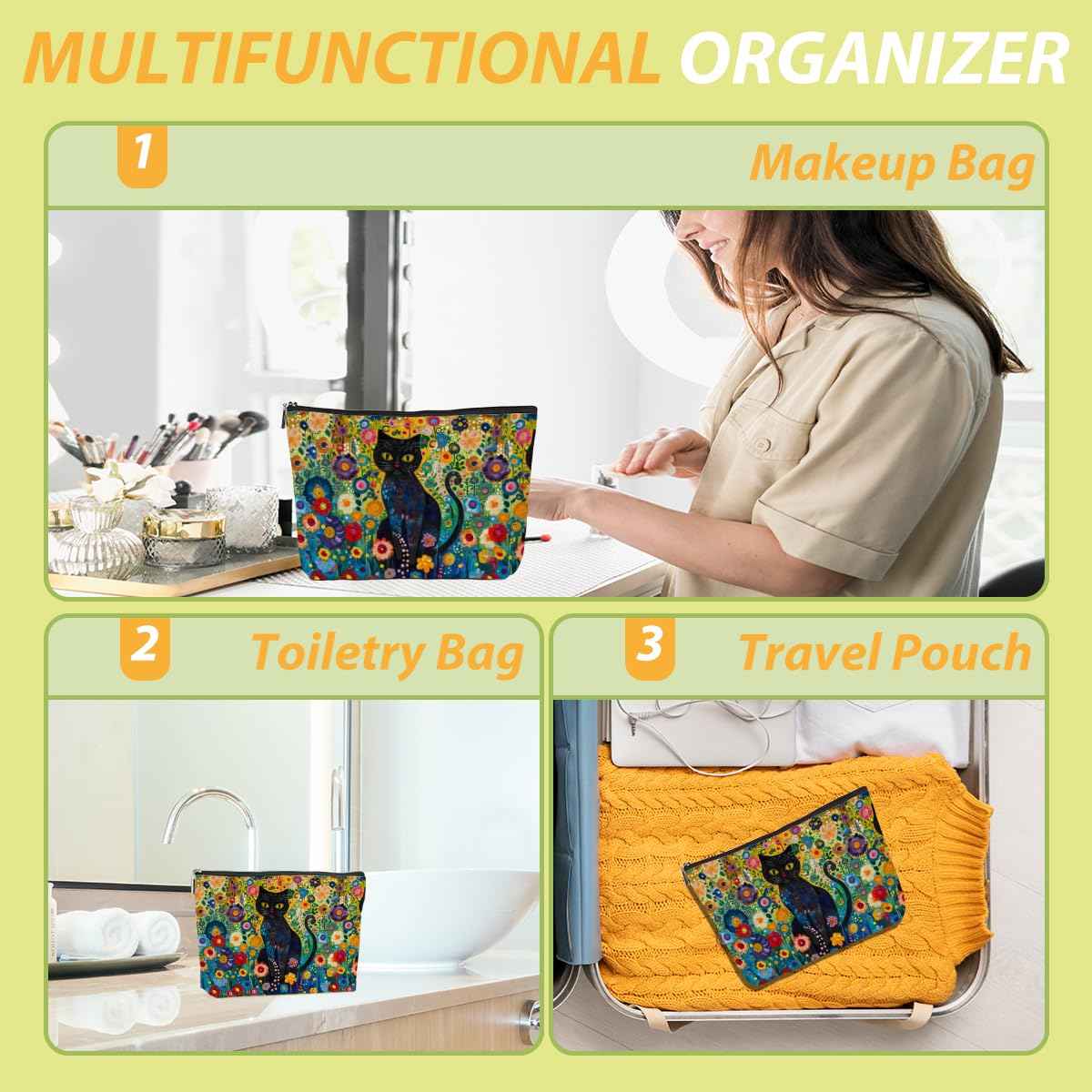 Floral Garden Cat Makeup Bag Cat Lover Gifts Cosmetic Bag Cat Gifts Cat Themed Gifts for Women Girls Daughter Friends Niece Aunt Travel Toiletry Bag Cat Mom Gifts Christmas Birthday Gifts