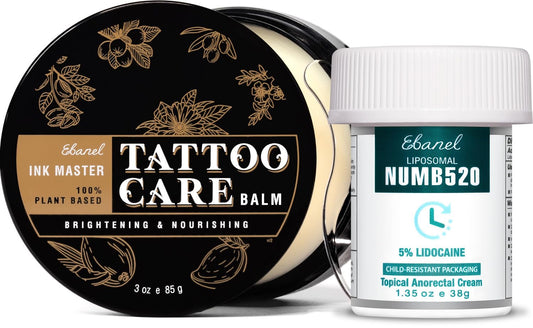 Ebanel Set of 5% Lidocaine Numbing Cream and Tattoo Aftercare Balm, Numb520 Topical Anesthetic Pain Relief Burn Itch Cream, and 100% Natural Multi-Purpose Healing Ointment Tattoo Brightener Butter