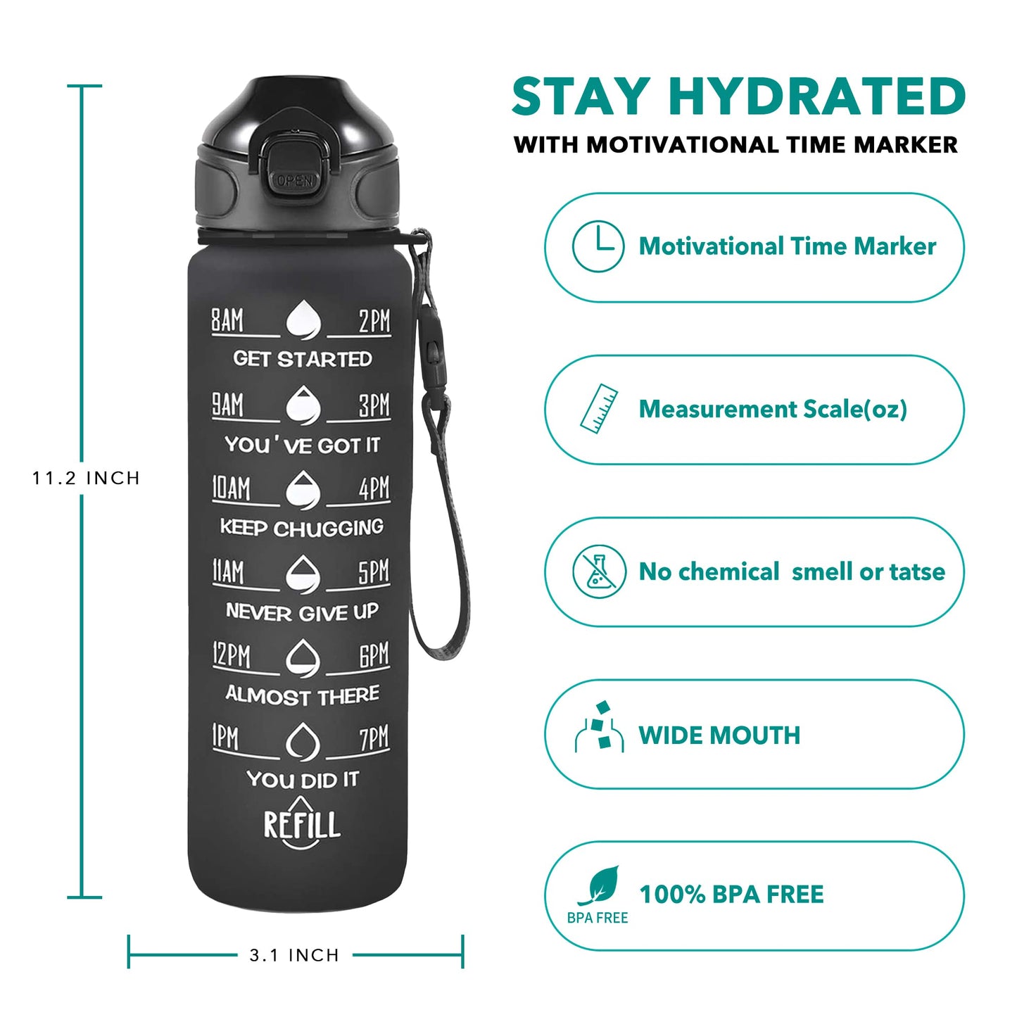 Enerbone 32 oz Drinking Water Bottle with Times to Drink and Straw, Motivational with Carrying Strap, Leakproof BPA & Toxic Free, Ensure You Drink Enough Water for Fitness Gym Outdoor