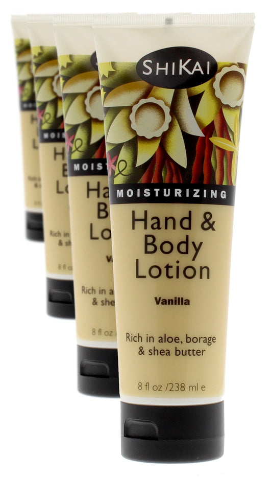 ShiKai Vanilla Hand & Body Lotion (8oz, Pack of 4) | Daily Moisturizing Skincare for Dry and Cracked Hands | With Aloe Vera & Vitamin E