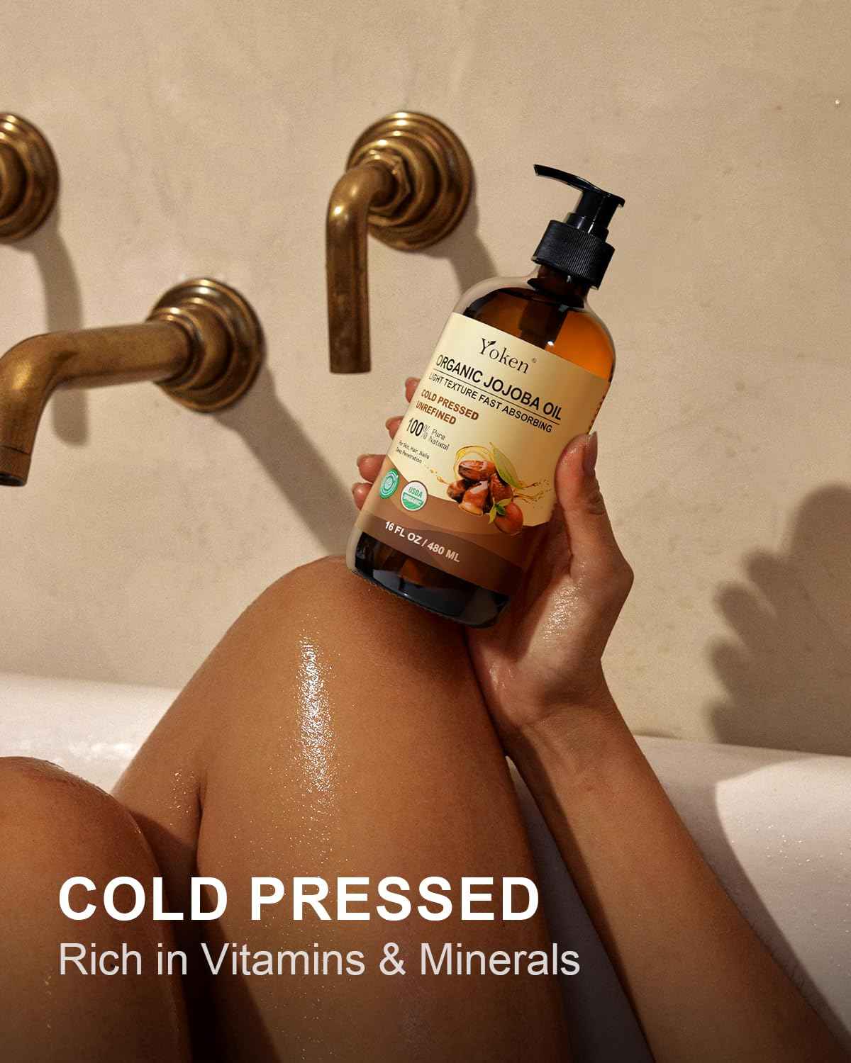 Yoken Organic Jojoba Oil Glass Bottle 16 fl oz, USDA Certified 100 Pure & Natural Jojoba Oil for Hair, Skin & Face, Cold Pressed Unrefined Hexane Free, Deeply Moisturizing Body Serum for Gua Sha