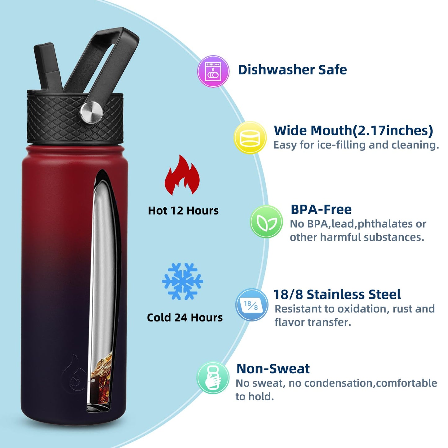 BJPKPK Insulated Water Bottles with Straw Lid, 22oz Cold & Hot Water Bottle, Stainless Steel Metal Water Bottle with 3 Lids, Reusable Thermos, Cups, Mugs for Daily Water Intake-Charming Black Red