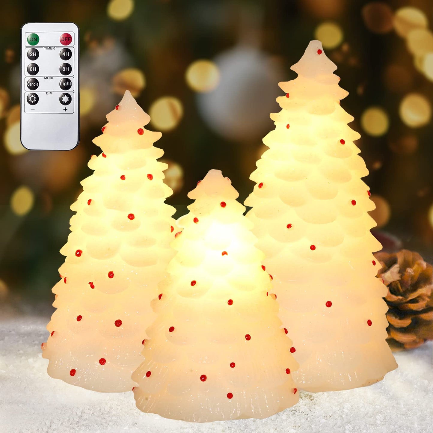 MELTONE Christmas Tree LED Candles: Handmade Carved Real Wax Holiday Flameless Candles with Remote - Home Party Bedroom Xmas Holiday Decorations - Set of 3