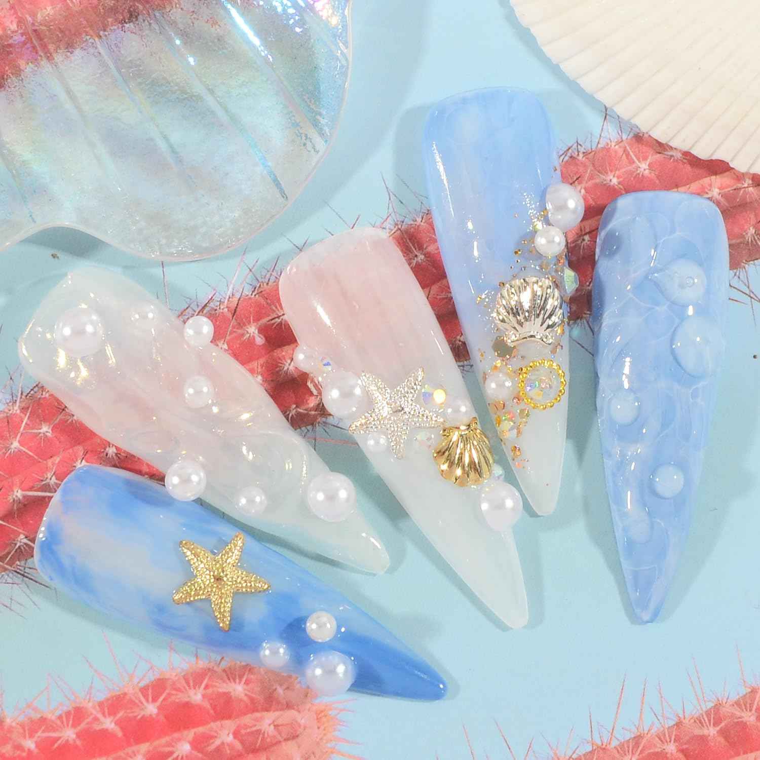 WEILUSI 100PCS Gold Silver Nail Art Charms Ocean Theme Shell Starfish Studs Decals Rivets, Alloy 3D Sea Shell Star Metal Nail Jewelry Supplies for DIY Manicure Decoration