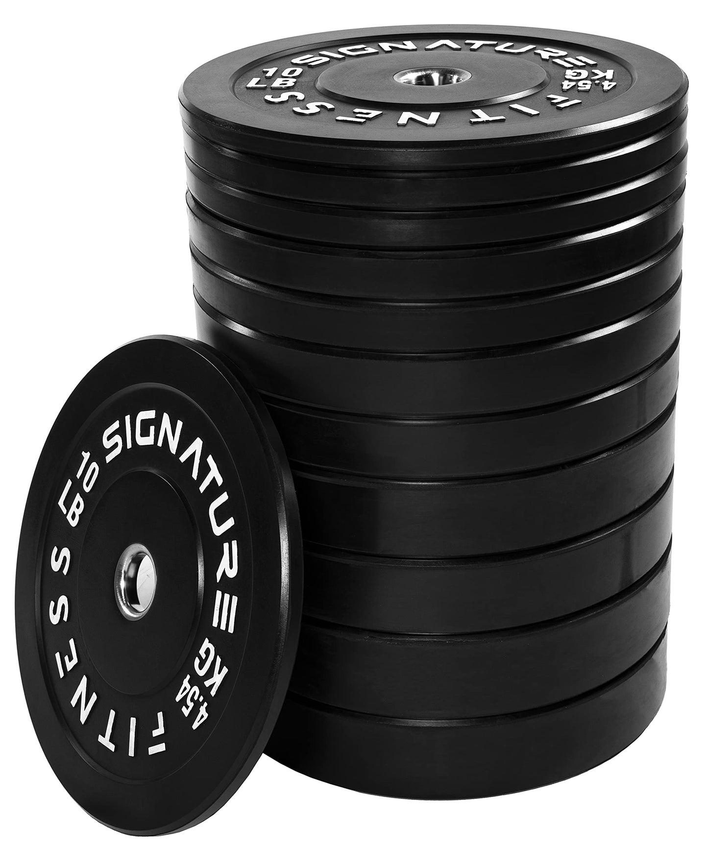 Signature Fitness 2" Olympic Bumper Plate Weight Plates with Steel Hub, 370LB Set (2X 10/15/25/35/45/55LB), Black, with 7FT Olympic Barbell (Chrome)