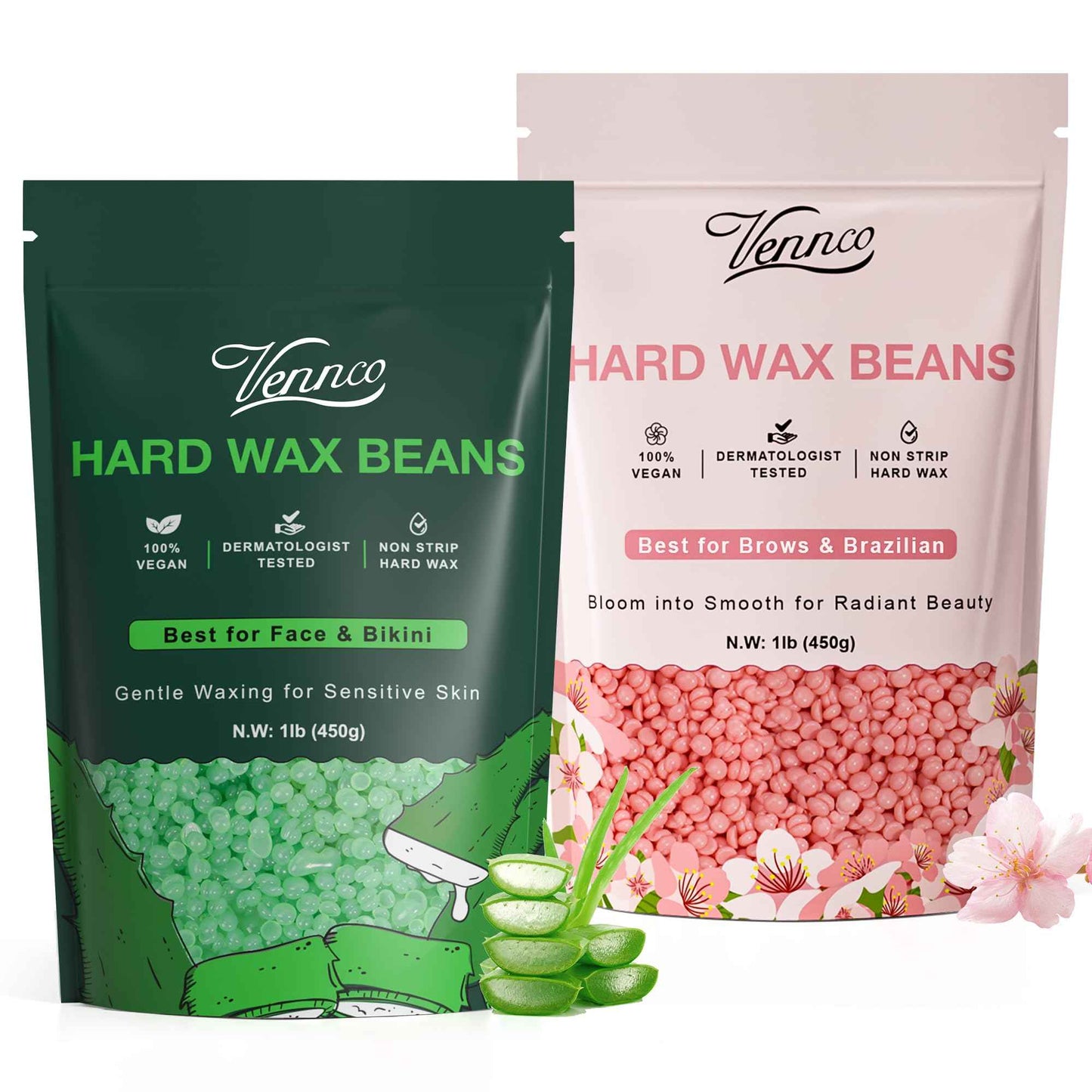 VENNCO Hard Wax Beads 2-Pack, 1lb Aloe Hard Wax Beads for Coarse Hair Full Body + 1lb Cherry Blossom Hard Wax Beads for Sensitive Skin, Perfect for Facial, Eyebrows, Arms, and Brazilian