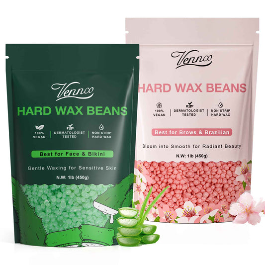 VENNCO Hard Wax Beads 2-Pack, 1lb Aloe Hard Wax Beads for Coarse Hair Full Body + 1lb Cherry Blossom Hard Wax Beads for Sensitive Skin, Perfect for Facial, Eyebrows, Arms, and Brazilian