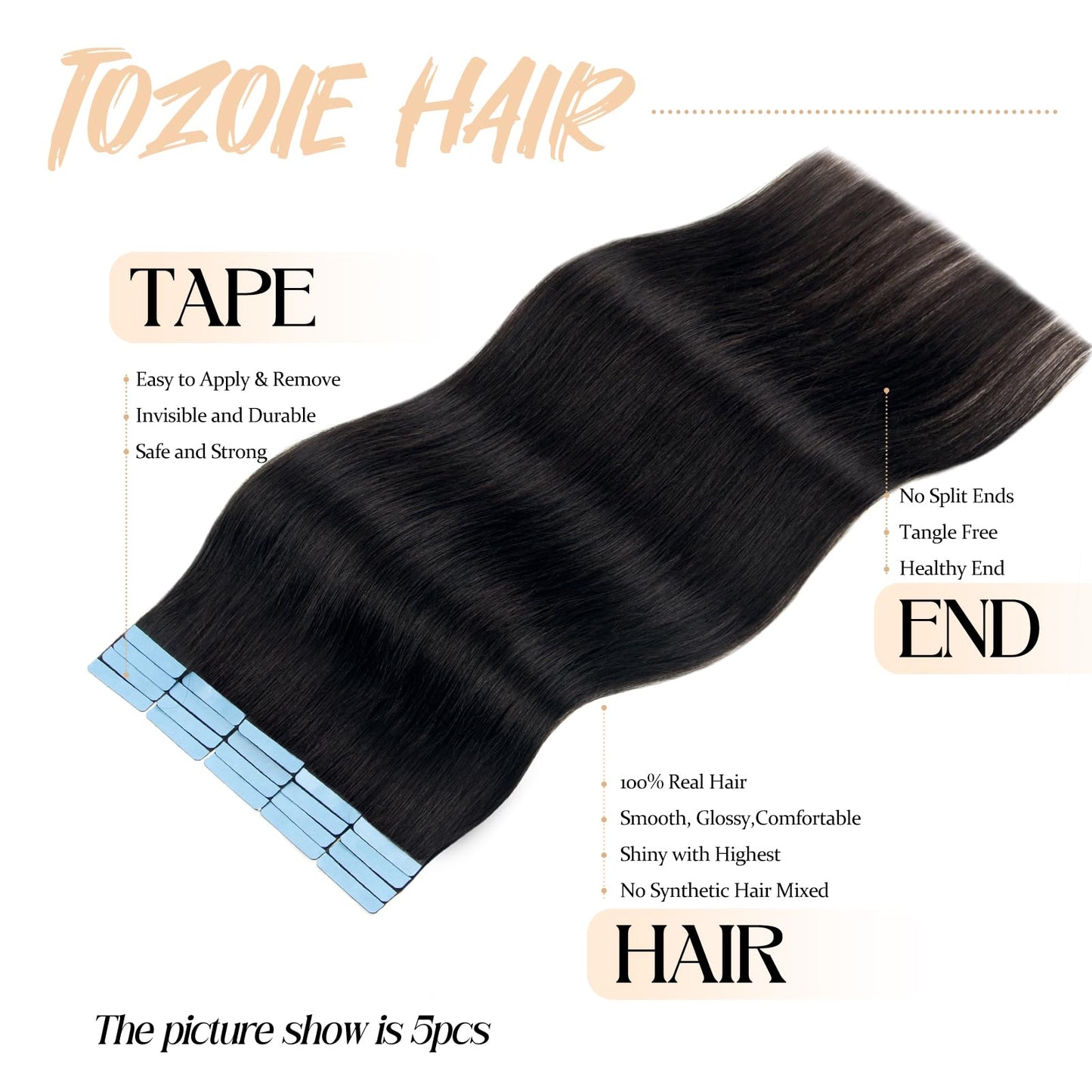 TOZOIE Tape in Hair Extensions Human Hair, Natural Black Hair Extensions Real Human Hair for Women Invisible Seamless Weft Human Hair Extensions Straight 50g 20pcs Daily Tape in Hair (18 Inch)