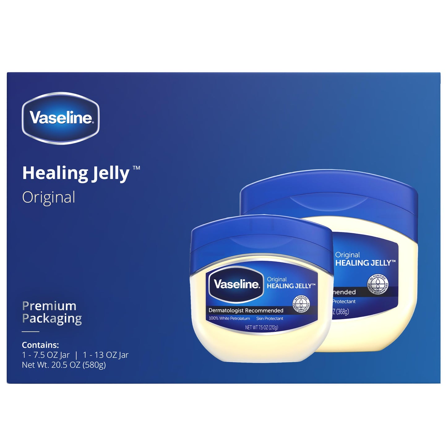 Vaseline Petroleum Jelly, Dermatologist Recommended, Original, 100% White Petrolatum, Deep Moisturizer, Relieves Dull, Dry Skin, Soothing & Gentle, 13 oz and 7.5 oz, Pack of 2