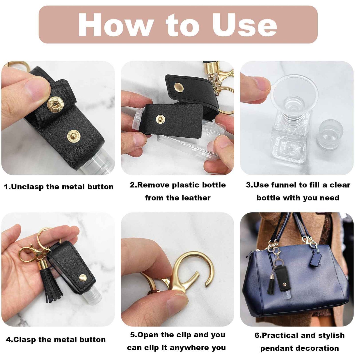 WATUNID 4 Pack Portable Travel Hand Sanitizer Keychain Holder with Funnel, Small Leather Empty Travel Size