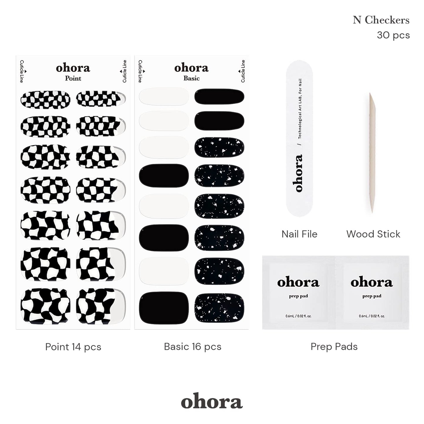 ohora Semi Cured Gel Nail Strips (N Checkers) - Dark, Patterned, Works with Any UV/LED Nail Lamps, Salon-Quality, Long Lasting, Easy to Apply & Remove - Includes 2 Prep Pads, Nail File & Wooden Stick