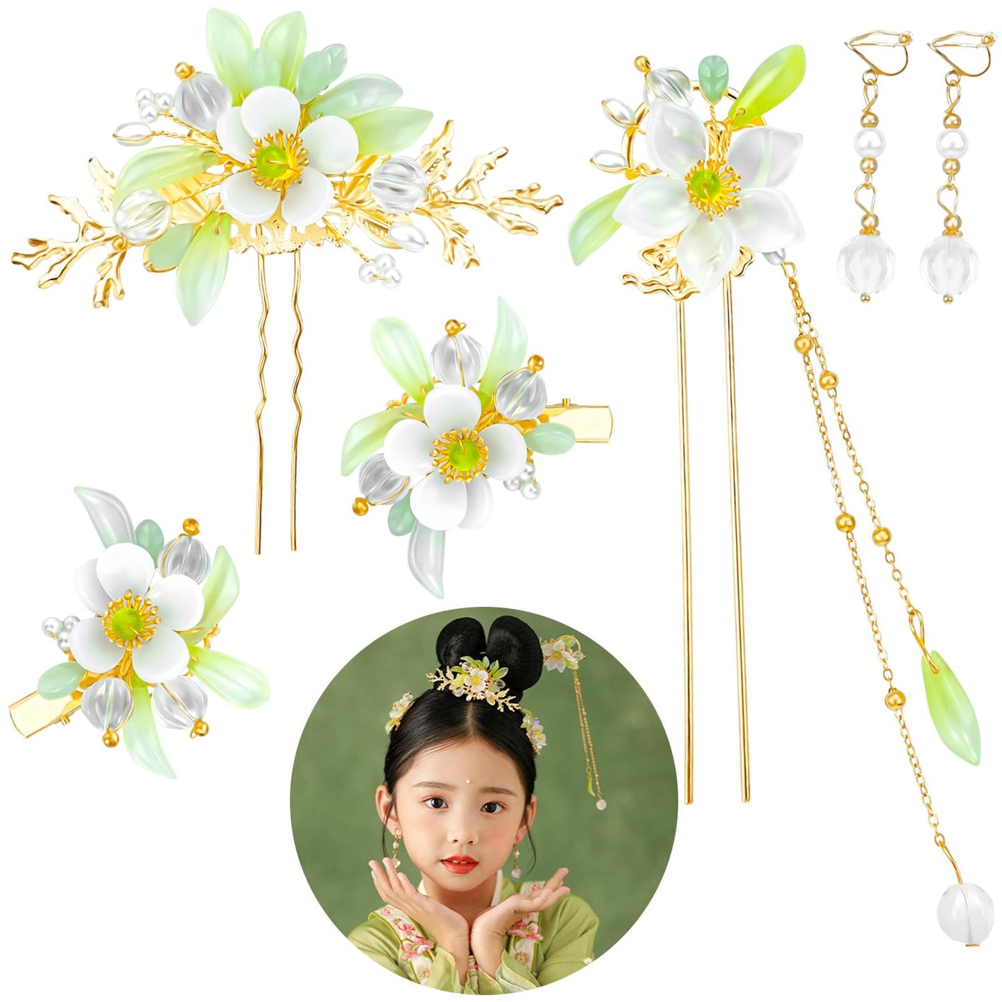 6 Pcs Lily Flower Chinese Tassel Hair Pins Crystal Pearl Hanfu Hair Clips Classical Floral Hair Stick Retro Jewelry Headpiece Bride Wedding Accessories for Women