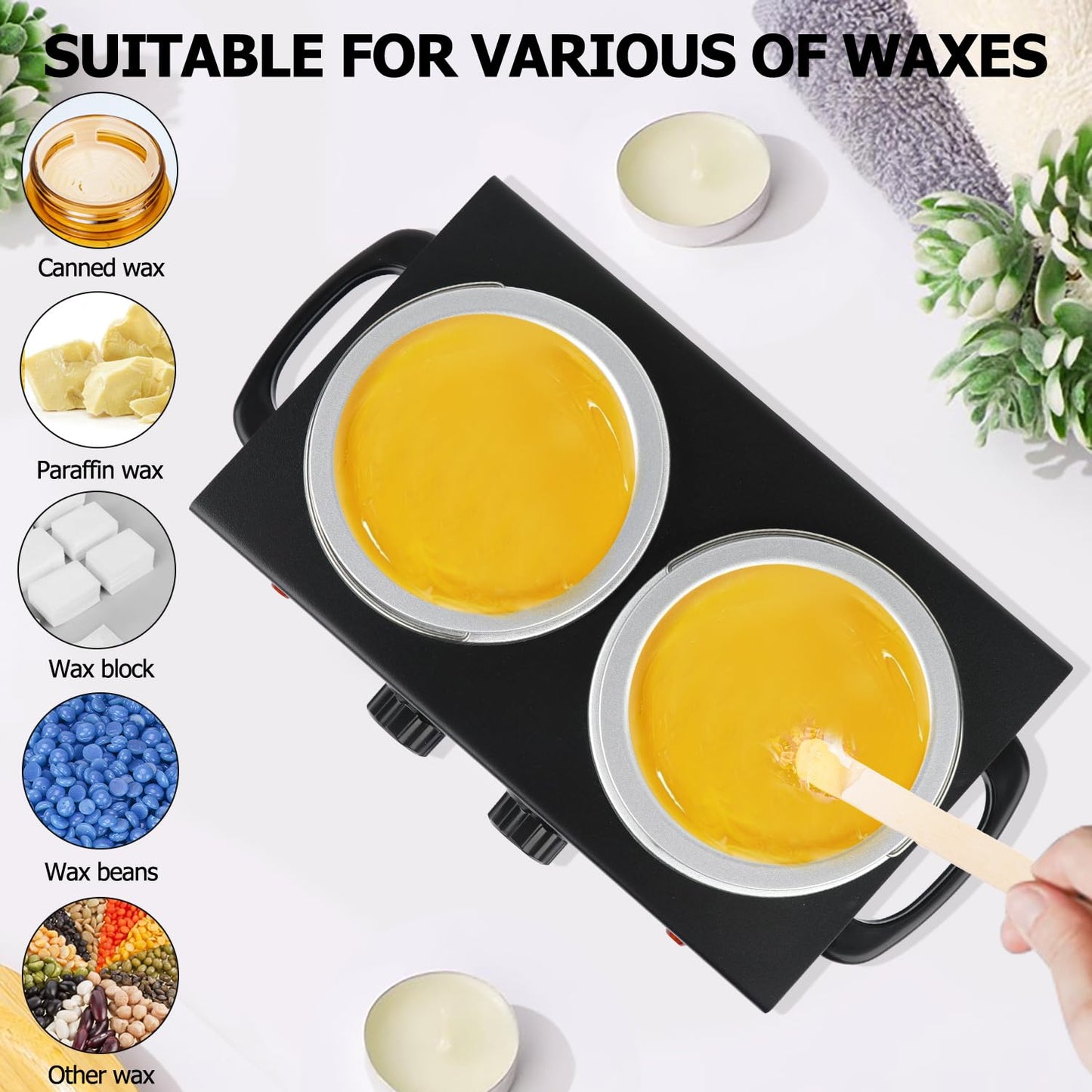 Non-Stick Hair Removal Wax Warmer with Adjustable Temperature - Large Professional Double Pot for Salon and Home Use, Includes 100 Wax Sticks