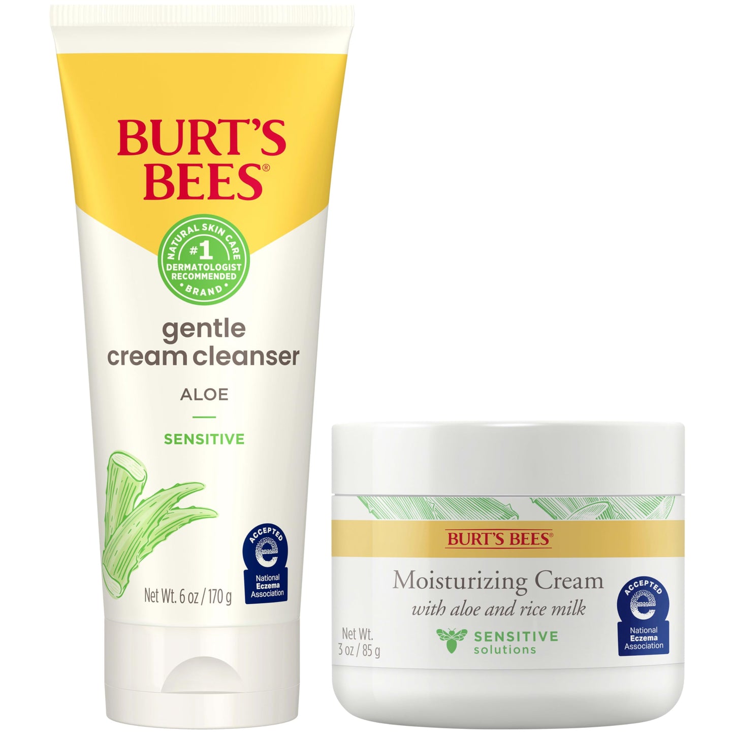 Burt’s Bees Sensitive Skin Bundle, Gentle Cream Facial Cleanser with Aloe and Moisturizing Face Cream with Aloe and Rice Milk, Natural Origin Skincare, 6 oz./3 oz.