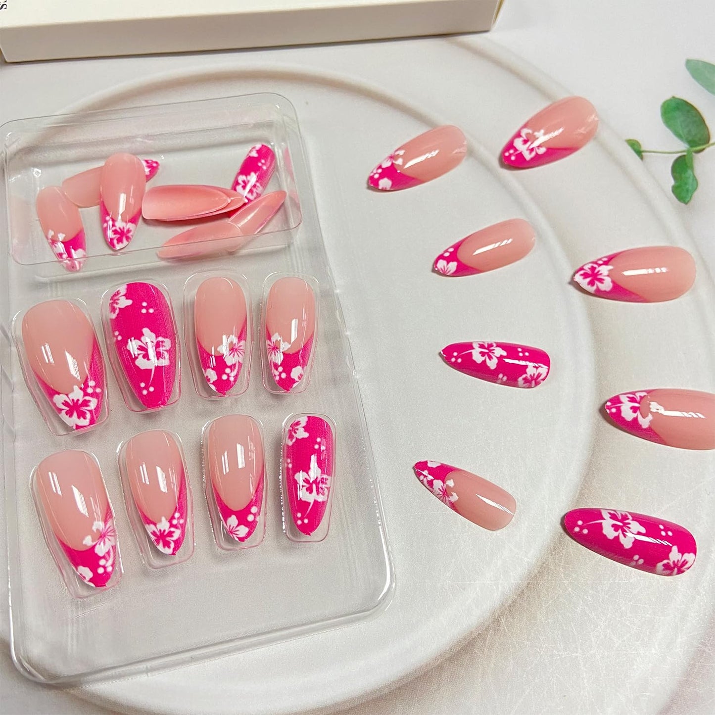 Tyuimhx Red French Tip Press on Nails Medium Almond Fake Nails with Flowers Designs Floral False Nails Full Cover Stick on Nails Acrylic Artificial Nails for Women Glue on Nails 24Pcs