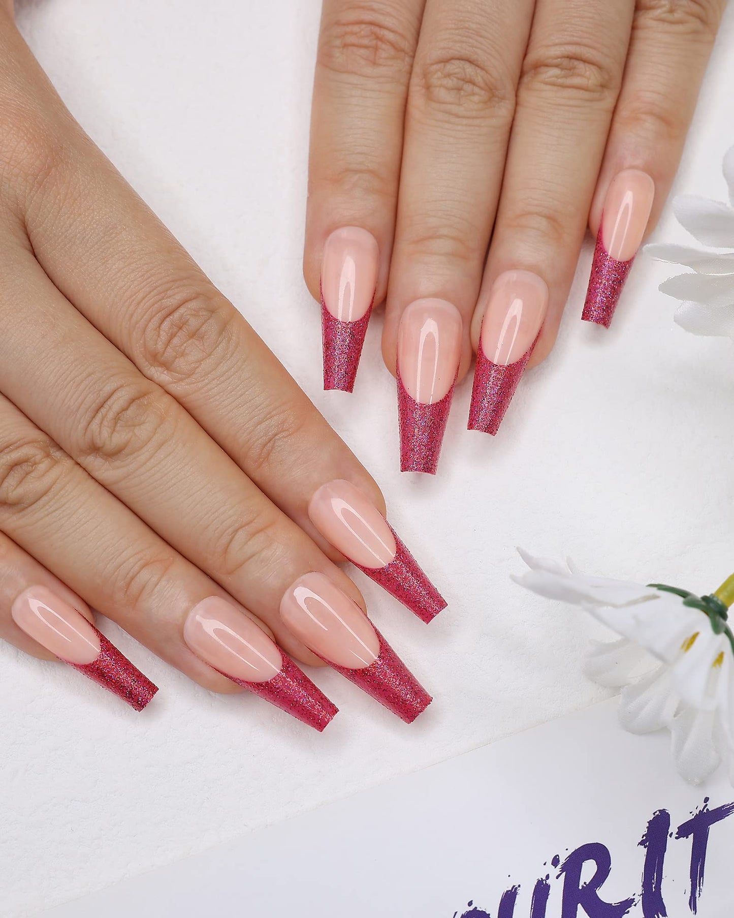 Kikmoya Extra Long False Nails Coffin French Tip Press on Nails Pink Fake Nails with Red Glitter Manicure Kit 24pcs Glossy Acrylic Full Cover Stick on Nails for Women (Red Glitter)