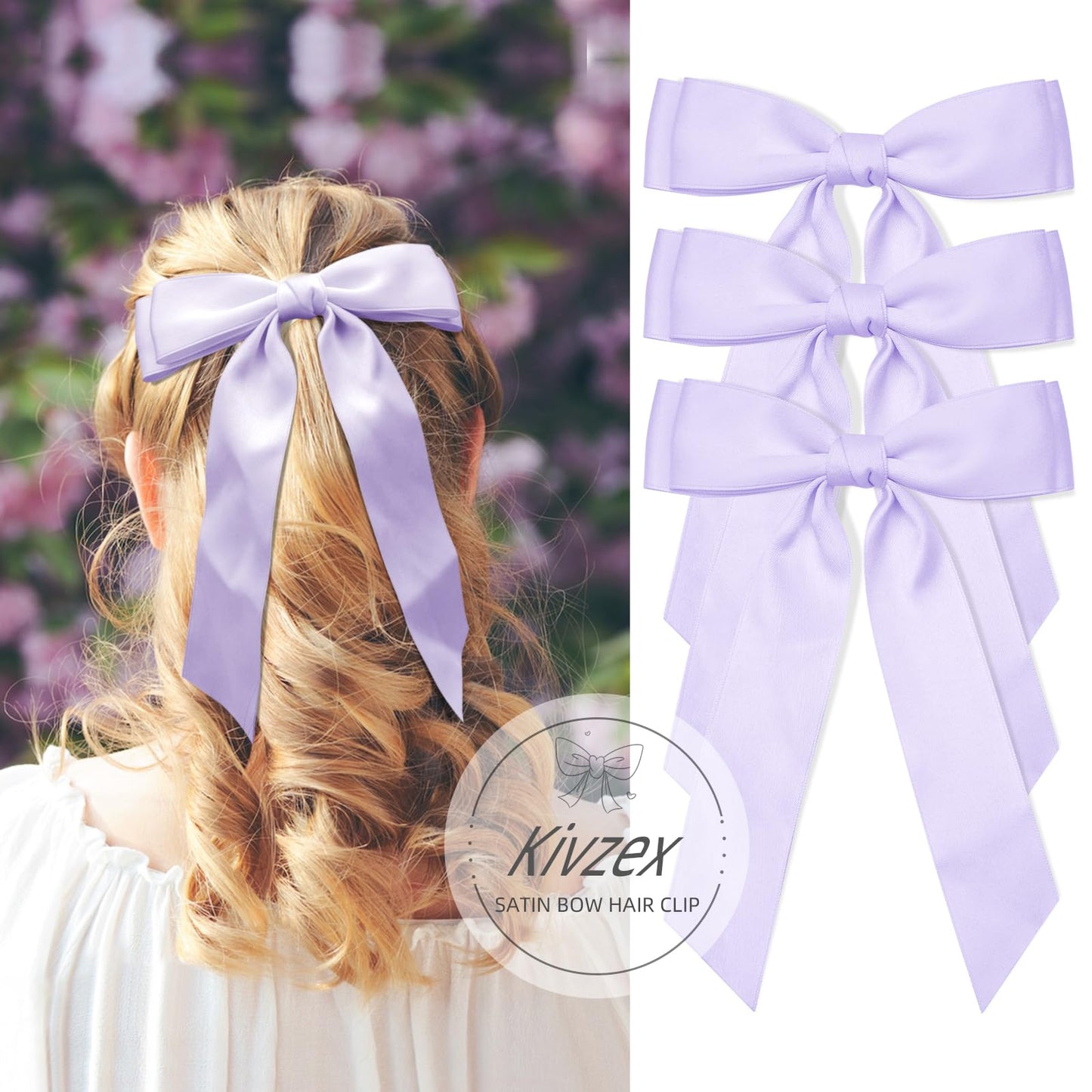 3Pcs Purple Hair Bows for Women Double-Layer Long Tail Bow Hair Clip Hair Ribbon Ponytail Holder Hair Accessories for Girls Toddlers