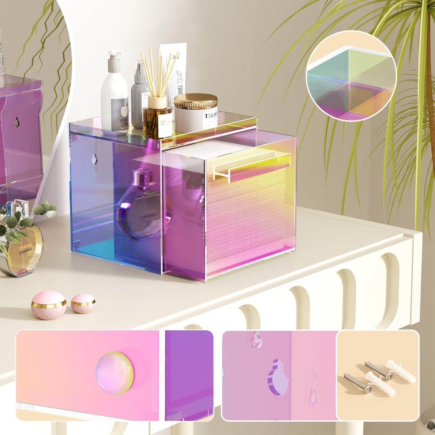 Rainbow Disposable Facial Towel Storage Box Acrylic Towel Container Compatible with Clean Skin Club Clean Towel XL Wall-Mounted Face Towel Organizer with Drawer(Excluding Facial Towels)