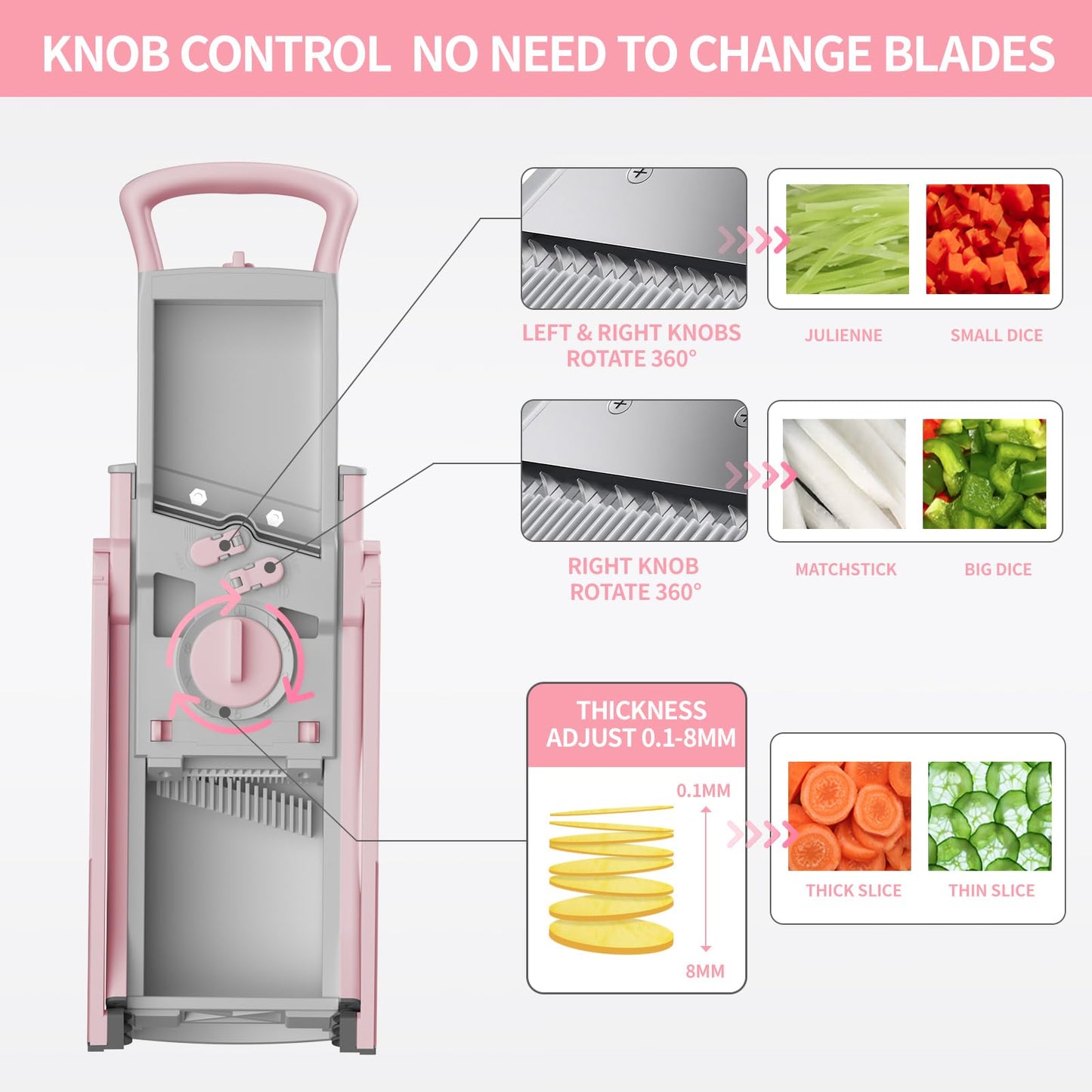 ONCE FOR ALL Upgrade Safe Mandoline Slicer Plus, Adjustable Vegetable Food Chopper Potato Fries French Fry Cutter, Detachable Blade, Kitchen Chopping Artifact, New Kitchen Gift (Pink)