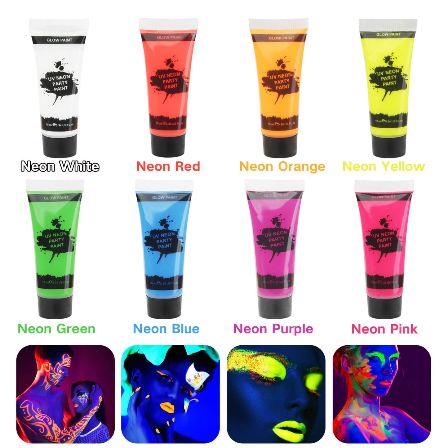 UV Blacklight Neon Face Body Paint, MEICOLY 8 Tubes Blacklight Reactive Paints,Water Based, Washable, Non-Toxic Neon Party Supplies for Halloween,01