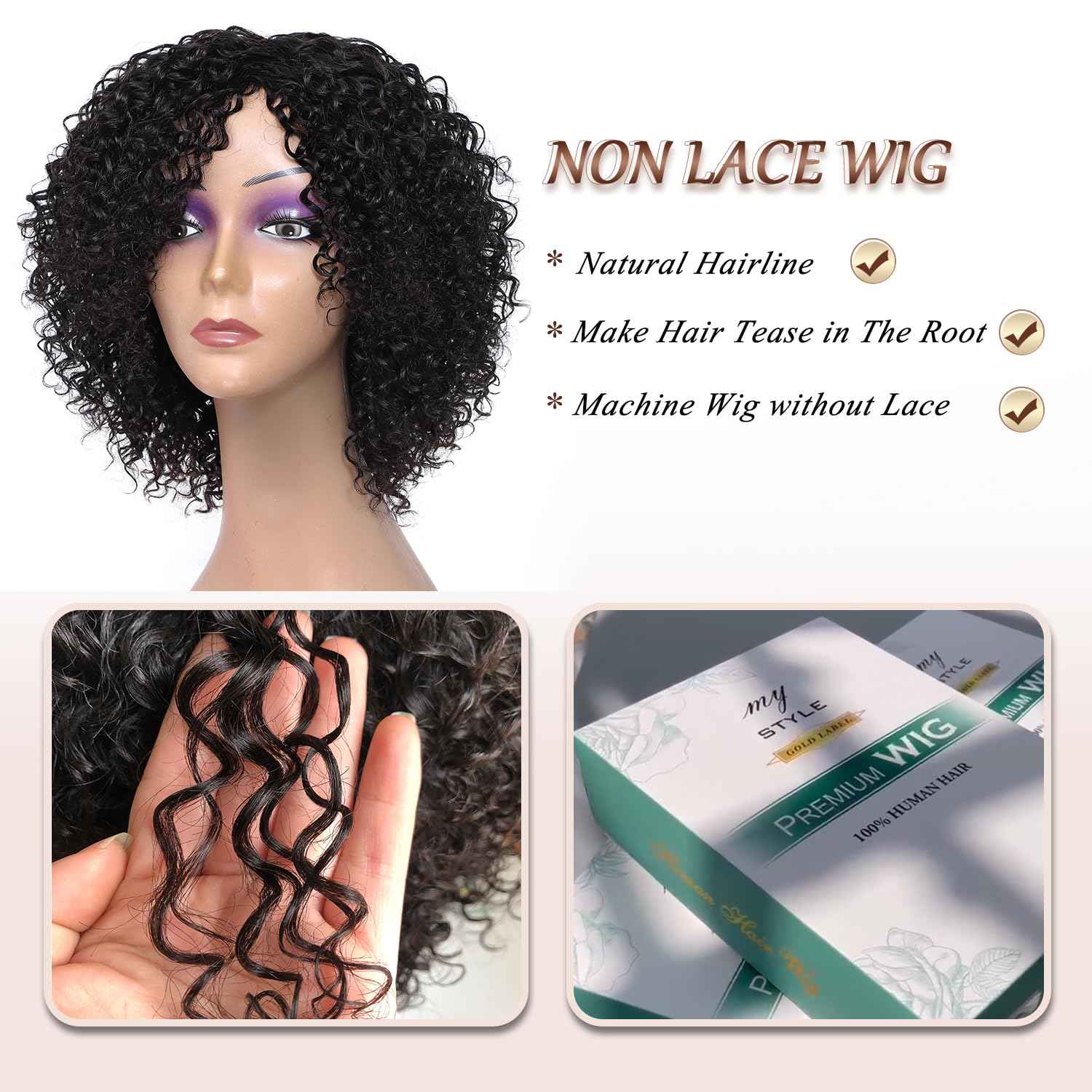 HUA 10 Inch Short Curly Wigs for Black Women Glueless Kinky Curly NO Lace Wig Beginner Friendly Curly Afro Wigs for Women Wear and Go Glueless Wig Natural Black Color 150% Density