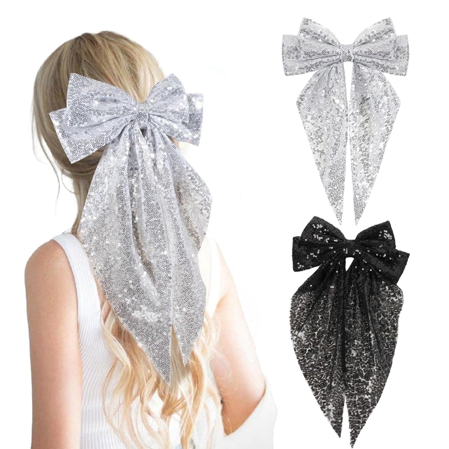 Hadutrek Silky Satin Hair Bows 2PCS Big Glitter Hair Bows Flower Hair Clips Hair Ribbons Black Sliver Sparkly Bow Butterfly Hair Clips Hair Accessories Claw Clips for Thick Hair for Women