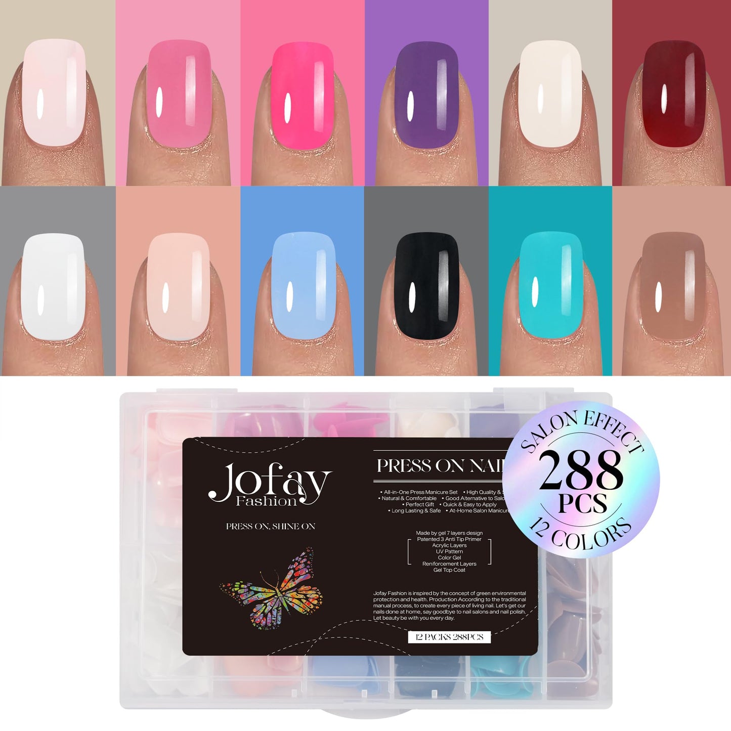 Jofay Fashion Soft Gel Nail Tips - 12 packs Press On Nails Short Square Gel Acrylic Gel Nails Tips kit, Glue On Nails Set, Fit Perfectly & Natural Stick On Nails Pack (Classic Short Nails,288PCS)