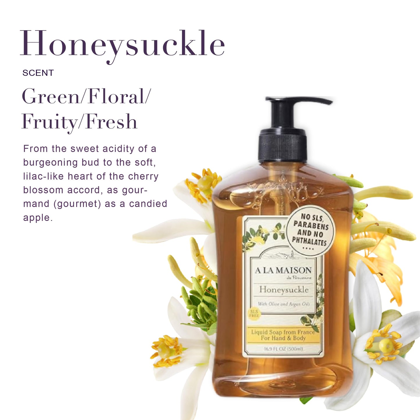 A LA MAISON French Liquid Hand Soap, Honeysuckle - Natural Hand Wash Made with Essential Oils - Biodegradable, Plant-Based, Vegan, Cruelty-Free, Alcohol & Paraben Free (16.9 oz, 2 Pack)