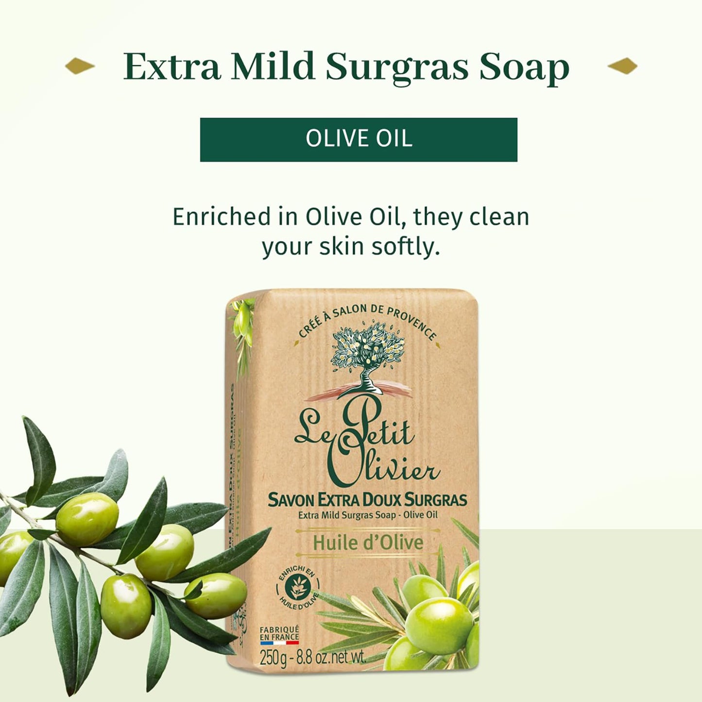 Le Petit Olivier Extra Mild Surgras Soap - Olive Oil - Gently Cleanses Skin - Delicately Perfumed - Vegetable Origin Based - 8.8 Oz (Pack of 2)