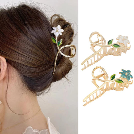 Flower Claw Clip Hair Claw Clips Cute for Women Large Metal Gold Hair Clips for Thick Hair French White Flower Green Floral Hair Accessories Elegant Banana Clip Summer Styling Hairpin 2Pcs