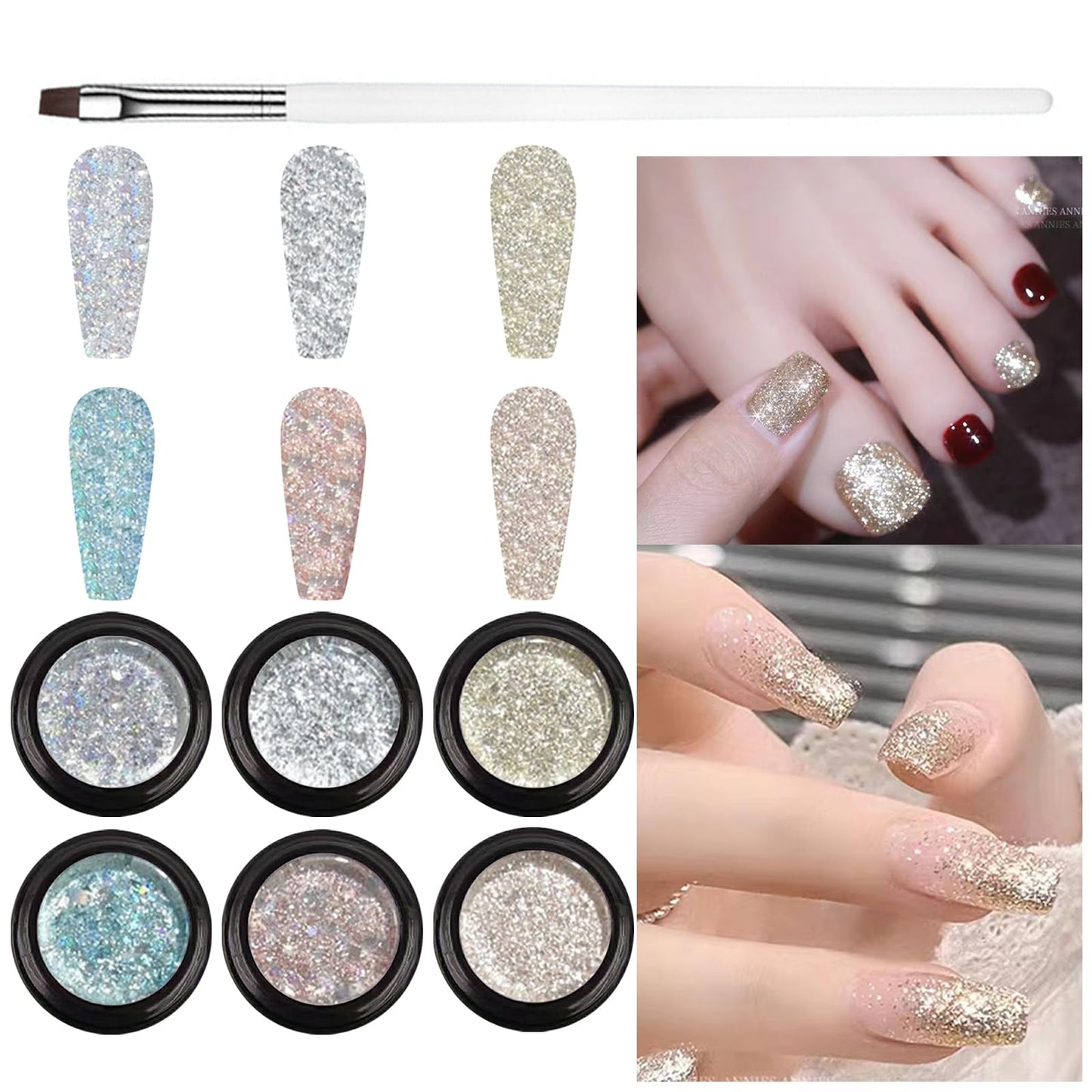 KWOLYKIM 6 Colors Glitter Gel Nail Polish Set, Shimmer Diamond Sliver Gold Champagne Nail Gel Sparkling Polish with Nail Brush Soak Off UV Cured Nail Art DIY Manicure Salon at Home