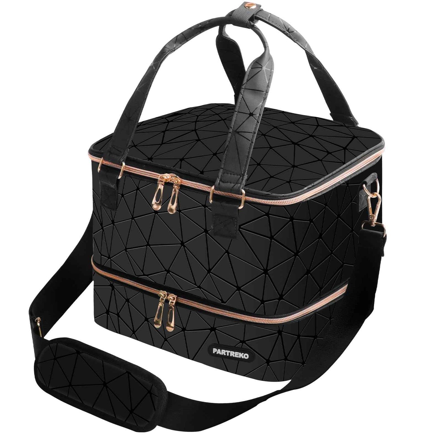 Partreko Large Nail Polish Organizer Fits 54 Bottles (15ml-0.5 fl.oz)& Nail Lamp, Double Layer Nail Supplies Organizer Bag with Holder Strip, PU Leather Nail Kit Storage Travel Case for Women (Black)