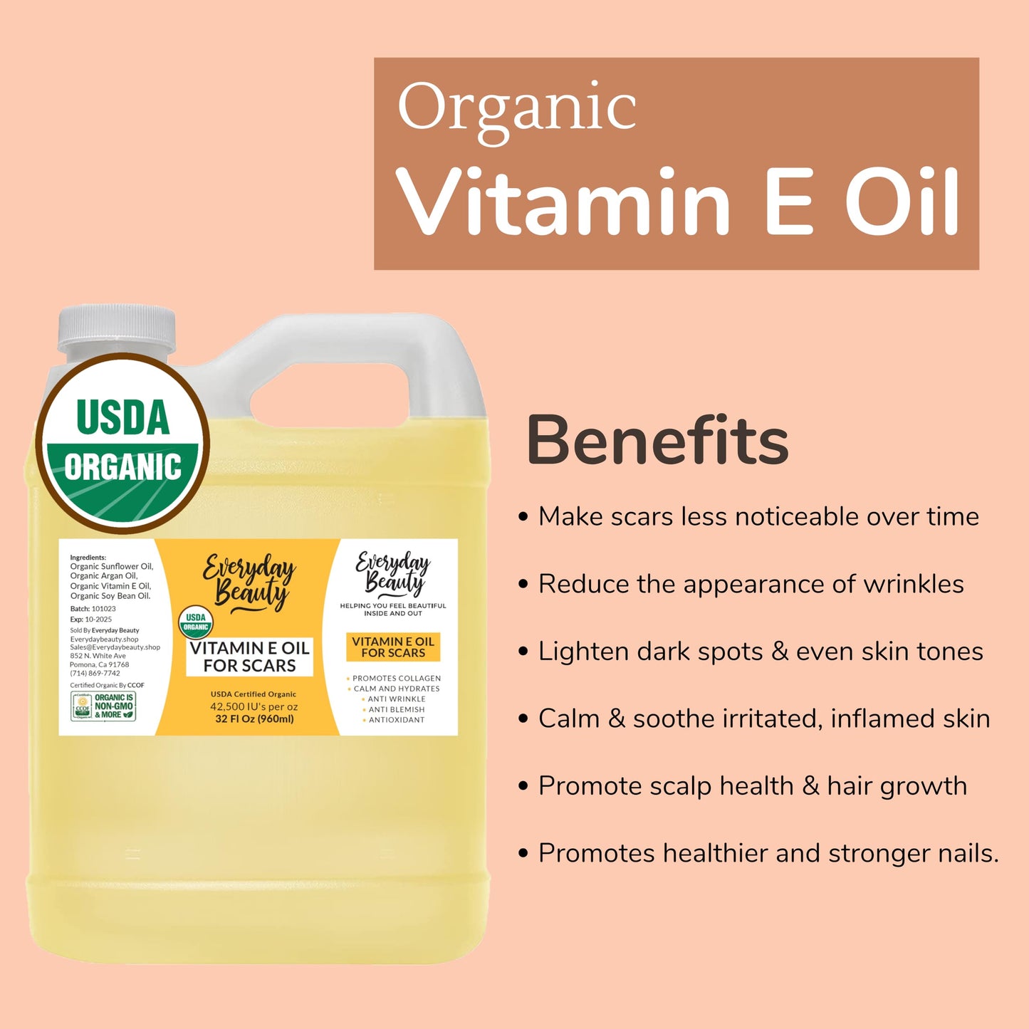 Organic Vitamin E Oil Bulk - 32oz USDA Certified 100% All Natural Plant Based - Light and Unscented Great for Scars After Surgery - For Face, Skin and Nails - Anti-Aging, Reduce Appearance of Wrinkles