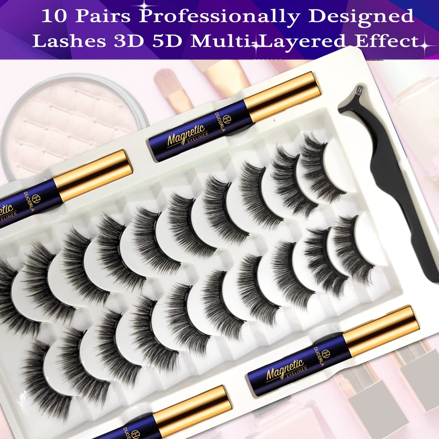 DUOERLA Magnetic Eyelashes Natural Look- 10 Pairs Full Volume Magnetic Lashes with Eyeliner Kit -4 Tubes of Liner - Upgraded Long Lasting, Waterproof, Easy,Reusable Fake Eyelashes with Applicator