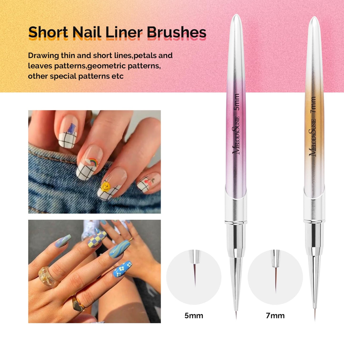 MelodySusie Nail Art Liner Brushes 5Pcs Professional Gel Polish Painting Art Design Pen Set for Thin Long Lines,Tiny Details,Fine Drawing,Delicate Coloring,Gradient Metal Handle -Sizes 5/7/9/11/20mm