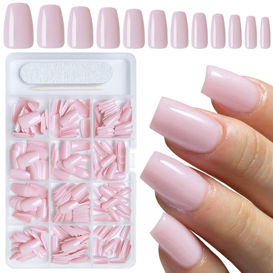 AddFavor 300pcs Coffin Press on Nails Medium Fake Nails Glossy Light Pink Nails Ballerina Square Nail Press on Acrylic False Nail for Women Girls