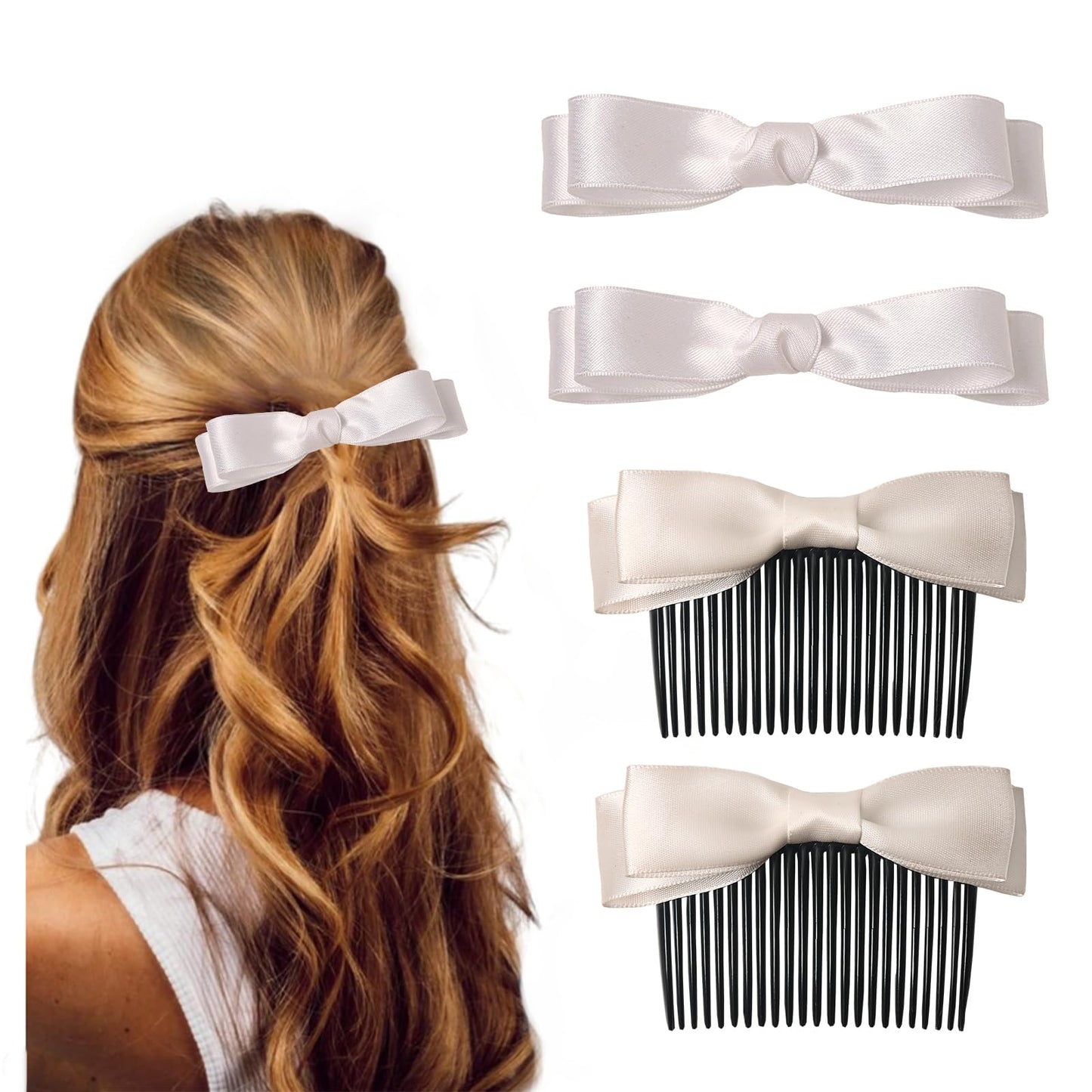 4Pcs Bow Hair Clip for Women Girls Satin Hair Ribbon Claw Clips Cute Barrettes for Teens Kids Bows for Christmas Gifts Hair Clips Solid Bowknot (White)